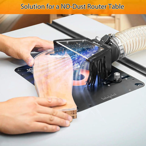Dust Collection System For Router Lift With Clear Acrylic Top And LED Light, hands demonstrate universal fit and usage