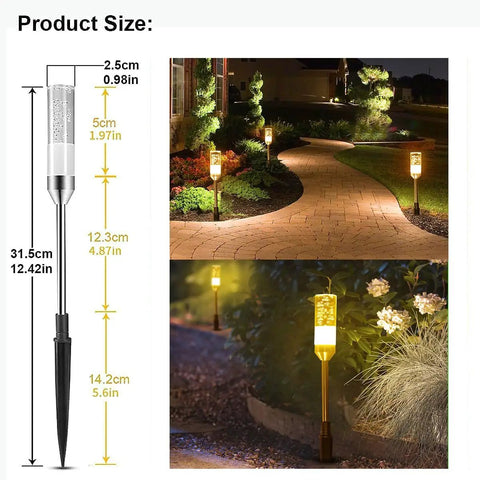 Extendable LED Pathway Lights 6 Pack Low Voltage 12V AC DC 570 Lumen lighting outdoor walkway at night with product size visible