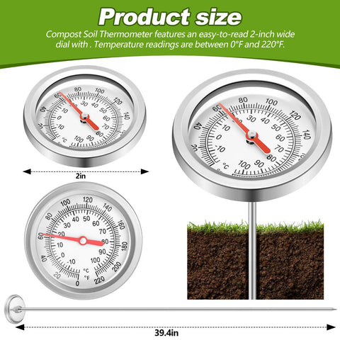 Pro Grade Extendable 39.4 Inch Compost Thermometer With Stainless Steel Stem, Waterproof Soil Temperature Gauge for Celsius and Fahrenheit Readings, Heavy Duty Deep Pile Monitoring, Includes Composting Temperature Guide, Durable Garden Tool. 2in dial and 39.4in stem shown
