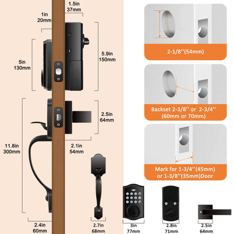 Diagram of Electronic Keypad Deadbolt Lock and Handle Set with measurements for easy install on left or right hand doors, black finish