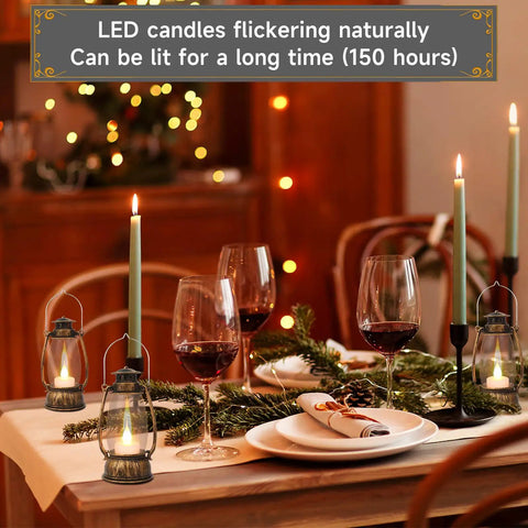 12 Pack Mini Lanterns With Flickering LED Candles, 6 Inch Vintage Western Lanterns on festive dinner table setting