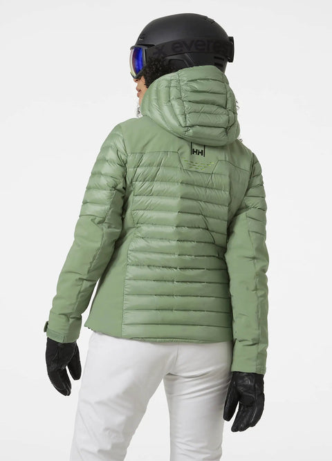 Womens Slick Waterproof Insulated Ski Jacket With H2Flow Tech LIFE Pocket Ski Free PrimaLoft Black Eco Insulation in green, back view