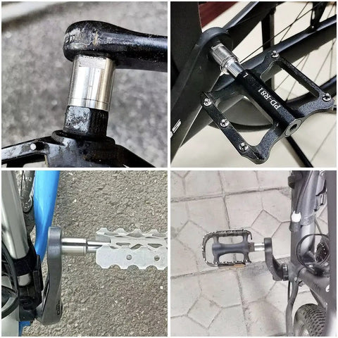 1 Pair Bike Pedal Extenders For Nine Sixteenth Inch Threaded Pedals, heavy duty spacers installed on MTB and BMX, close-up view.