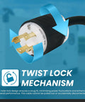 Rock Solid Nema L14 30P To L14 30R Generator Extension Cord 8 Gauge plug showing twist lock mechanism for secure connection.