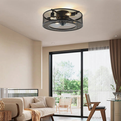 Caged Ceiling Fan With Lights 18 Inch Low Profile Flush Mount With Remote Control Slick Industrial Style for Living Rooms