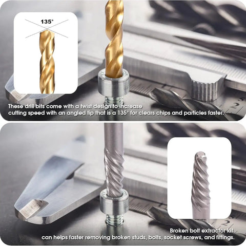 Close-up of a drill bit and bolt extractor from Heavy Duty Bolt Extractor And Screw Extractor Kit With Cobalt Drill Bits In Case 26 Piece Set.