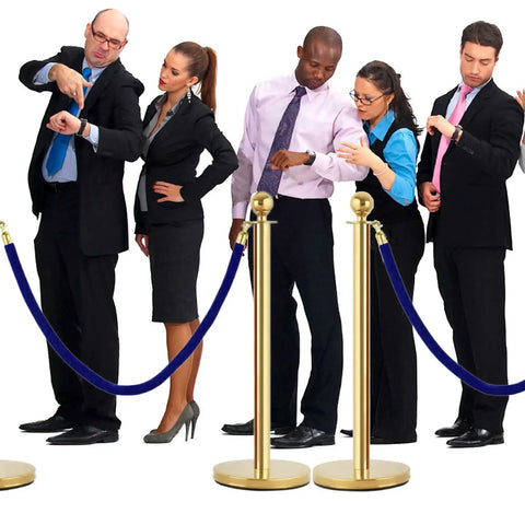 Four Pack Blue Velvet Stanchion Ropes 5 Feet Long With Gold Clasps Ideal For Crowd Control showing people in line