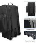 Front view of Amazon WOLT 120L black rolling duffle bag with wheels and top handle for travel