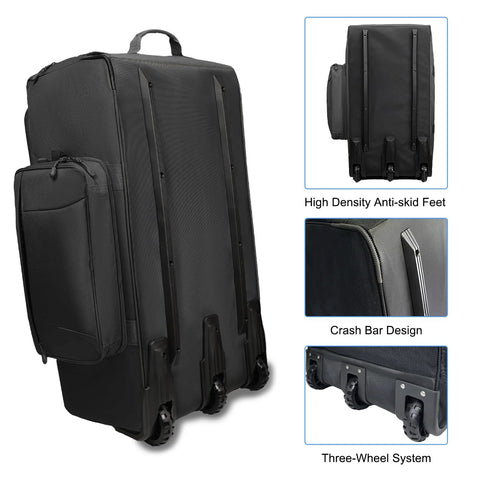 Front view of Amazon WOLT 120L black rolling duffle bag with wheels and top handle for travel