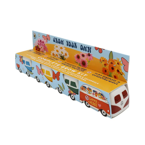 Side view of Mini Ceramic Flower Bus Grow Kit Four Pack With Colorful Retro Bus Planters And Seeds Daisy Cosmos Calendula Coneflower