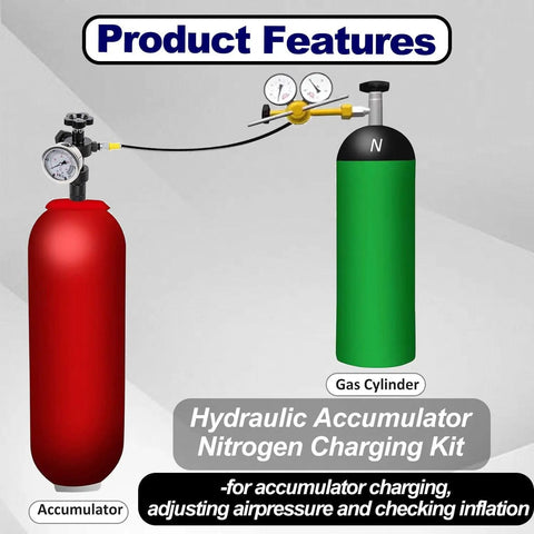 Nitrogen Charging Kit For Hydraulic Accumulators With Gauges, Nitro Pressure Test Tool, Gas Charging System For Hydraulics, Universal Accessory Set For Different Tank Interfaces, Flexible High Accuracy Performance