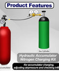 Hydraulic Nitrogen Pressure Test Set and Accumulator Charging Kit with Three Gauges shown with red and green tanks