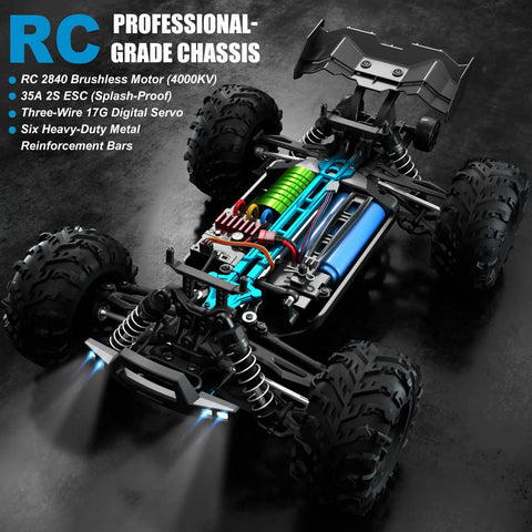 1:16 Scale Brushless RC Car With 50 Plus MPH Speed All Terrain Off Road Monster Truck chassis and internal components.