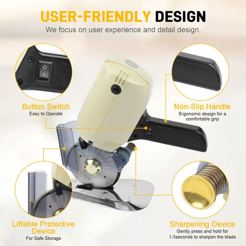 Super Heavy Duty 250W Electric Fabric Cutter With Pure Copper Motor For Leather Cloth And Textiles showing button switch, non-slip handle, and safety features.