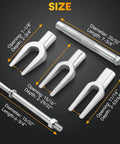 Ball Joint Separator Set 5 Piece Pickle Fork Kit For Cars And Light Trucks Tie Rod Tool Set With Pitman Arm Remover And Ball Joint Separator Heavy Duty Pro Grade For Pros And DIYers showing 5 tools with size details