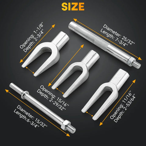 Ball Joint Separator Set 5 Piece Pickle Fork Kit For Cars And Light Trucks Tie Rod Tool Set With Pitman Arm Remover And Ball Joint Separator Heavy Duty Pro Grade For Pros And DIYers showing 5 tools with size details