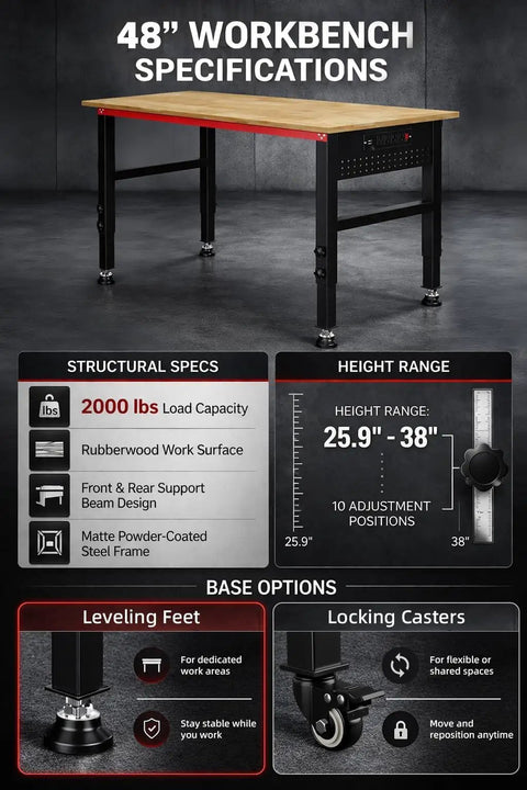 Heavy Duty 48 Inch Adjustable Height Workbench With Power Strip And Pegboard Pro Grade Solid Wood Top Reinforced Steel Frame 2000 Lbs Load Capacity Ideal For Garage Workshop Home Office with height and base options details