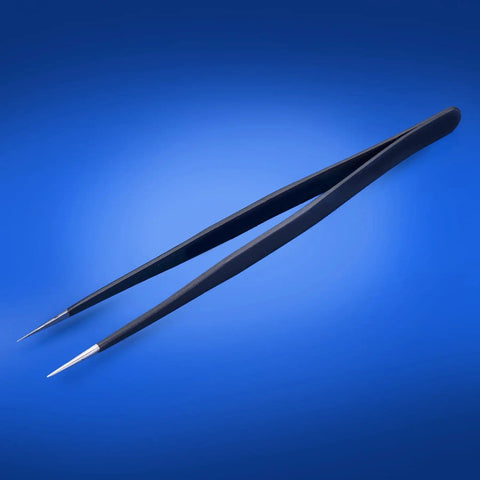 Precision tweezers on a blue background, unrelated to Magnetic Hands Free Circuit Board Holder With Telescopic Hot Air Gun Bracket.