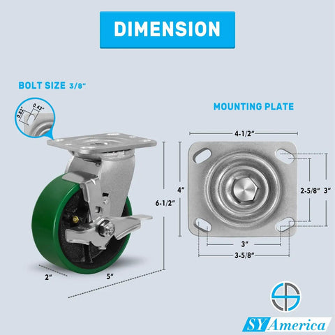 Heavy Duty Industrial Casters Set 5 Inch By 2 Inch Wheels With Non Marking Polyurethane On Cast Iron Core swivel caster with brake