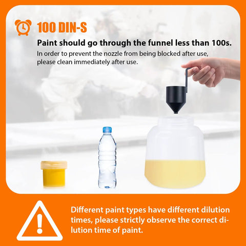 Hand holding viscosity cup with paint for Power HVLP Paint Sprayer With 3 Spray Patterns And 4 Nozzle Sizes, 450W Electric Sprayer Gun
