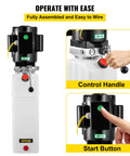 VEVOR hydraulic power unit for car lifts; black motor atop white reservoir with red start button