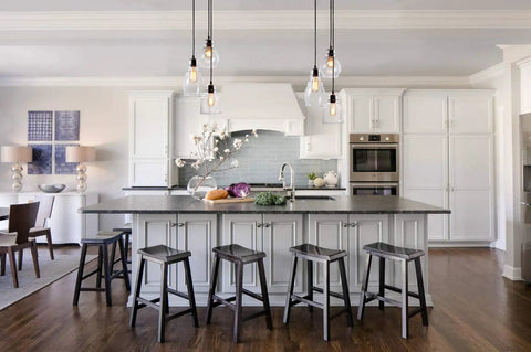 Cool Three Light Glass Pendant Cluster With Adjustable Height UL Listed For Kitchen Island Dining Room Bar Or Cafe Clear Glass Shades E26 Base Fits Three Up To 60W Bulbs hanging over kitchen island