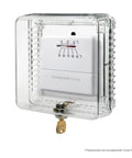 Locking Thermostat Guard Cover For Small 4.375 Inch Square Units Clear Plastic Shield With Built In Keys visible with thermostat