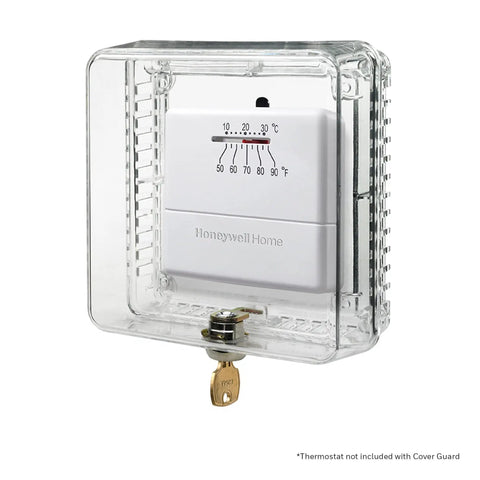 Locking Thermostat Guard Cover For Small 4.375 Inch Square Units Clear Plastic Shield With Built In Keys visible with thermostat