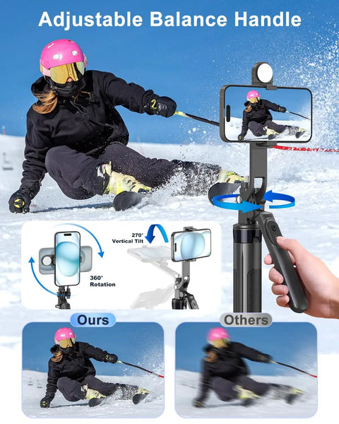 71 Inch Phone Tripod With Fill Light And Rechargeable Remote Aluminum Selfie Stick Stand skiing photo capture setup
