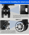 Blue silicone luggage wheel covers for 2-2.4 inch spinner wheels; 8-pack, shown on luggage wheels.