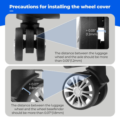 Blue silicone luggage wheel covers for 2-2.4 inch spinner wheels; 8-pack, shown on luggage wheels.