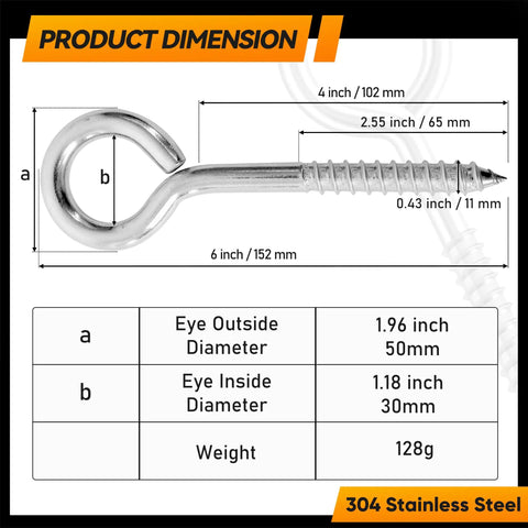 Two Pack 6 Inch Heavy Duty Screw Eyes Hooks In 304 Stainless Steel Self Tapping Eye Bolts For Wood And Securing Wires And Cables