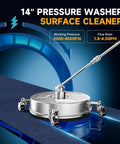 14-Inch Stainless Steel Pressure Washer Surface Cleaner with 4 caster wheels for concrete driveways and patios, image showing side view.