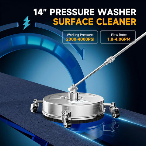 14-Inch Stainless Steel Pressure Washer Surface Cleaner with 4 caster wheels for concrete driveways and patios, image showing side view.