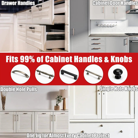 Dead Center Cabinet Hardware Jig With Built Tough Aluminum Template And Laser Etched Scales For Zero Sweat Drawer Pull Alignment and Straight Shot Kitchen Updates, showcasing various cabinet handles and knobs.