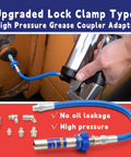 Lock-clamp grease gun coupler on blue high-pressure hose with metal fittings in use for lubrication.