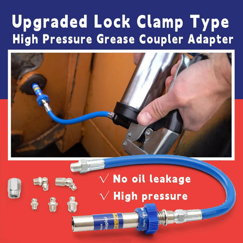 Lock-clamp grease gun coupler on blue high-pressure hose with metal fittings in use for lubrication.