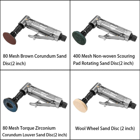 Right-angle pneumatic die grinder with four 2-inch roll-lock discs (brown, green, blue, beige) for grinding/polishing.