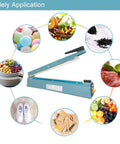 Impulse Sealer 16 Inch Workhorse Heat Sealer For Plastic Bags And Mylar Bags Manual Poly Bag Hot Seal Machine With 3mm Wide Seal 0.8mm Max Thickness Includes Four Replacement Teflon Wires And Two Cutting Lines showcasing various applications such as food sealing, packaging, and household use in a circular layout