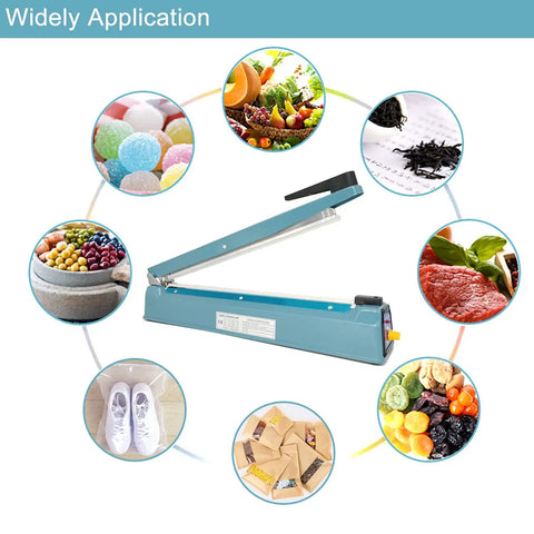 Impulse Sealer 16 Inch Workhorse Heat Sealer For Plastic Bags And Mylar Bags Manual Poly Bag Hot Seal Machine With 3mm Wide Seal 0.8mm Max Thickness Includes Four Replacement Teflon Wires And Two Cutting Lines showcasing various applications such as food sealing, packaging, and household use in a circular layout