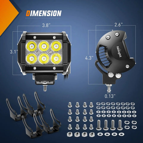 Four Inch LED Pods Four Pack 18 Watt Flood Beam Off Road Lights dimensions and mounting hardware