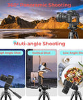 64 Inch Camera And Tablet Tripod With Remote For iPad And iPhone showcasing multi-angle shooting, high, vertical, and low angles.