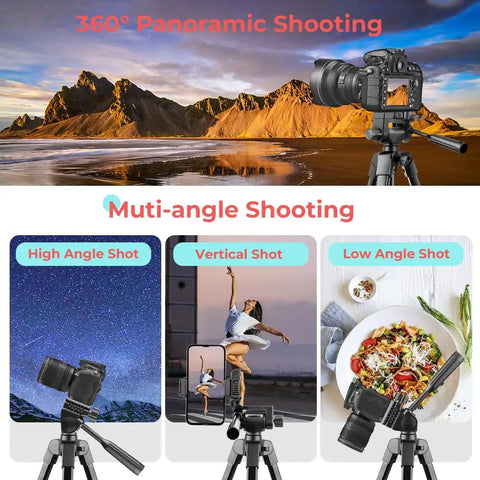 64 Inch Camera And Tablet Tripod With Remote For iPad And iPhone showcasing multi-angle shooting, high, vertical, and low angles.