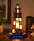 Lighthouse Tiffany Style Stained Glass Table Lamp Night Light For Home Decor, 6x6x10 Inch Red Finish, Warm White Glow