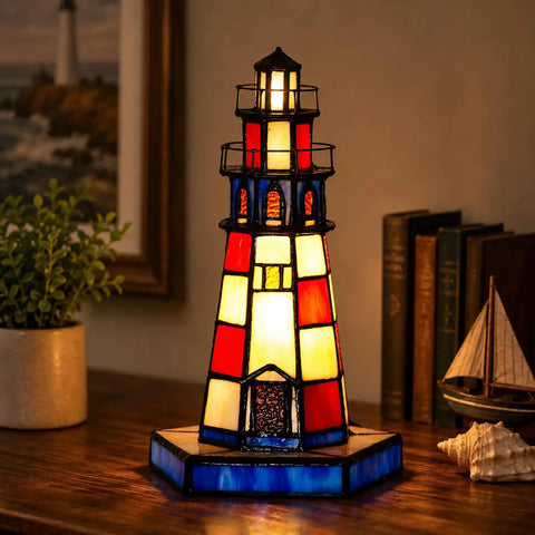 Lighthouse Tiffany Style Stained Glass Table Lamp Night Light For Home Decor, 6x6x10 Inch Red Finish, Warm White Glow
