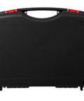 Badass Plastic Tool Box With Rugged Carry Handle Crafted For Weekend Warriors Storing Measuring Tape Levels Screwdrivers Socket Wrenches Repair Essentials Organizer Bin back view of black plastic toolbox with red latch