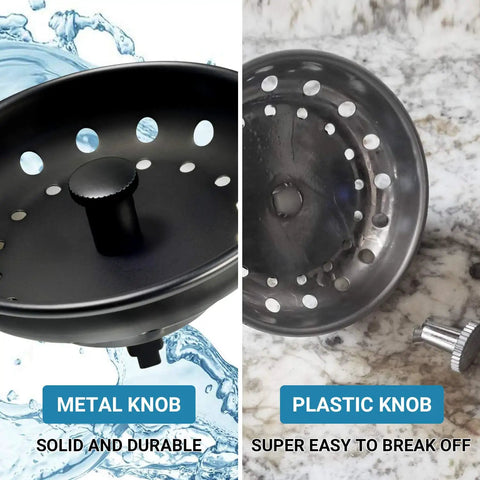 Matte Black Stainless Steel Sink Basket Strainer with metal center knob on the left, comparison with plastic knob on right