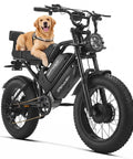 G70 Pro Electric Bike With Dual 2500W Motors 5000W Peak Output Delivers 36 MPH Top Speed And Up To 85 Mile Range On All Terrain 20 Inch Fat Tire Off Road Beast Ready For Adventure black fat-tire e-bike with rear seat and dog