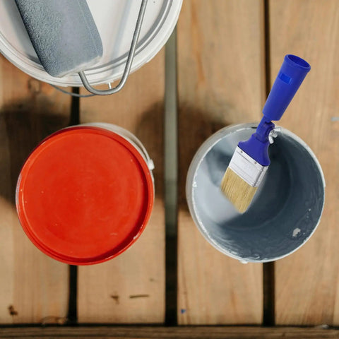 2 Inch Adjustable Angled Paint Brush For Fine Detail And Corners, Synthetic Bristles For Walls, next to paint cans and roller