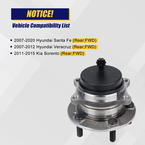 512326 Rear Wheel Bearing And Hub Assembly For Hyundai Santa Fe Veracruz Sorento with ABS Rear FWD, 5 Lug Compatibility